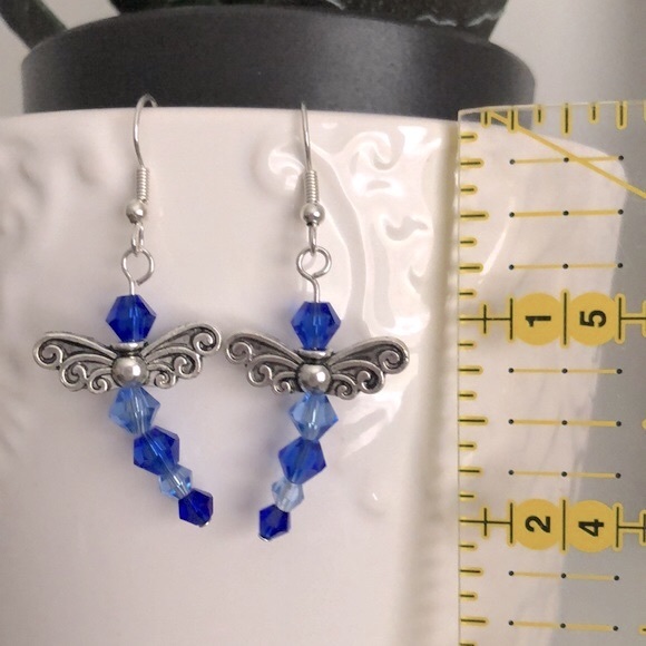 New Glass Crystal Sparkling Royal Blue Dragonfly Hand Beaded Artisan Earrings - Picture 4 of 4